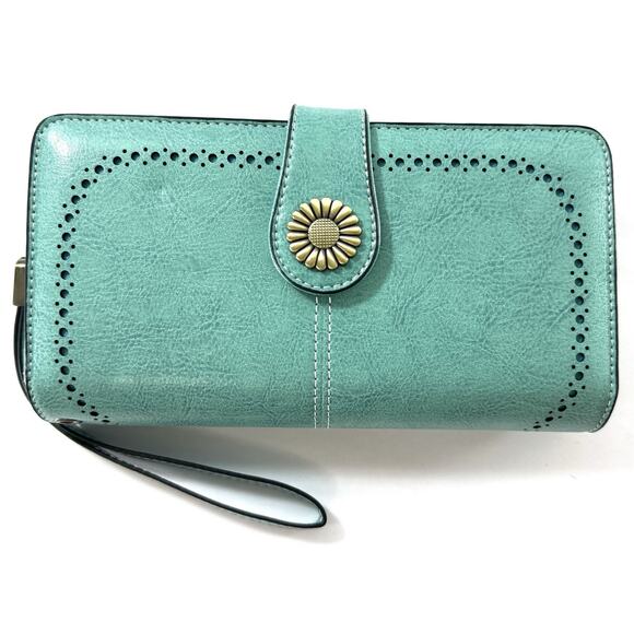 Turquoise Wallet Clutch Wristlet Faux Leather Sunflower Snap RFID Style - Picture 1 of 6